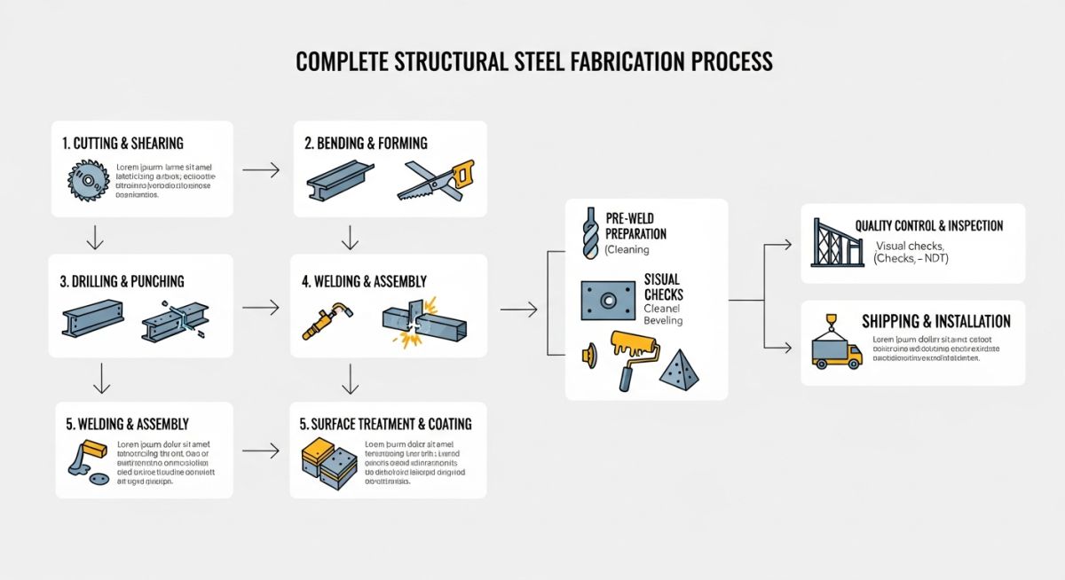 Structural steel fabrication process stages flowchart