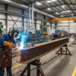 Industrial worker welding a large structural steel I-beam in a fabrication facility.