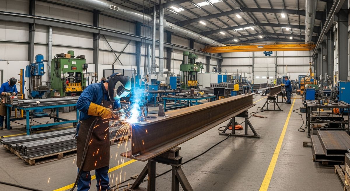 Industrial worker welding a large structural steel I-beam in a fabrication facility.