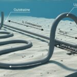 3D engineering diagram illustrating lateral and upheaval buckling of a subsea pipeline on the seabed.