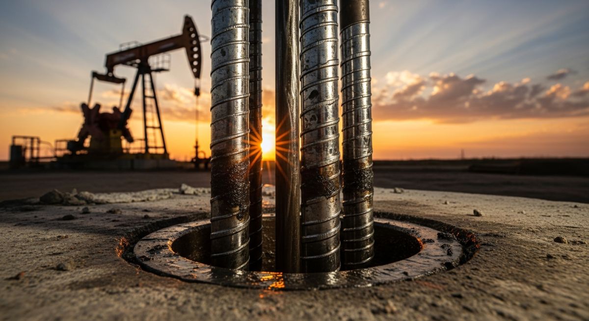 Steel sucker rod string being installed at an oil well pumpjack site.