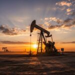 A mechanical sucker rod pumpjack operating in an oil field at sunset