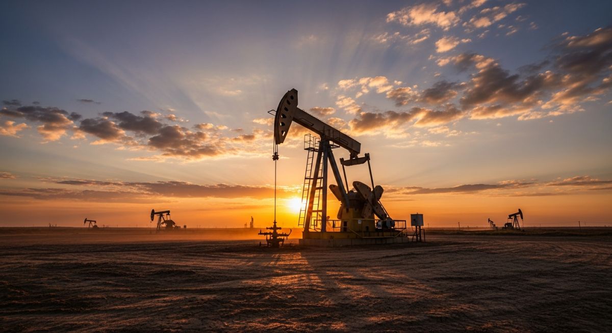 A mechanical sucker rod pumpjack operating in an oil field at sunset