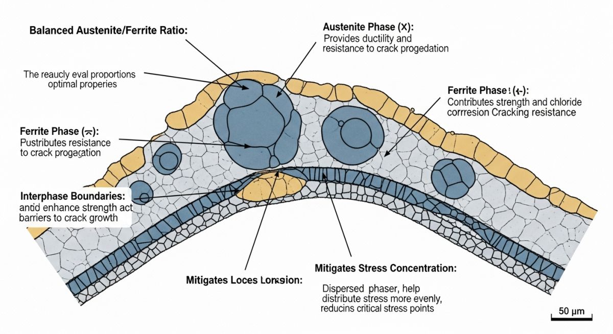 Microstructure diagram of super duplex stainless steel showing 50/50 austenite and ferrite phases