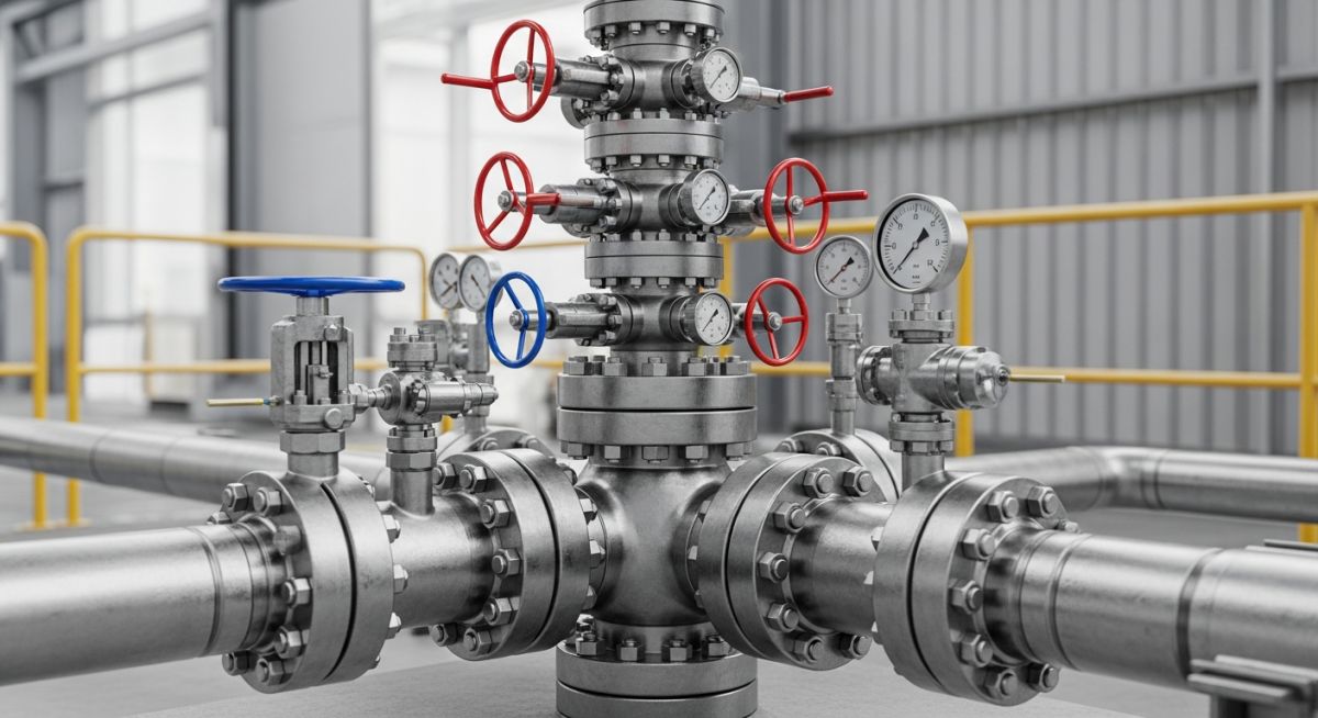 Surface wellhead and Christmas tree assembly with valves and pressure gauges on an oil and gas well site.