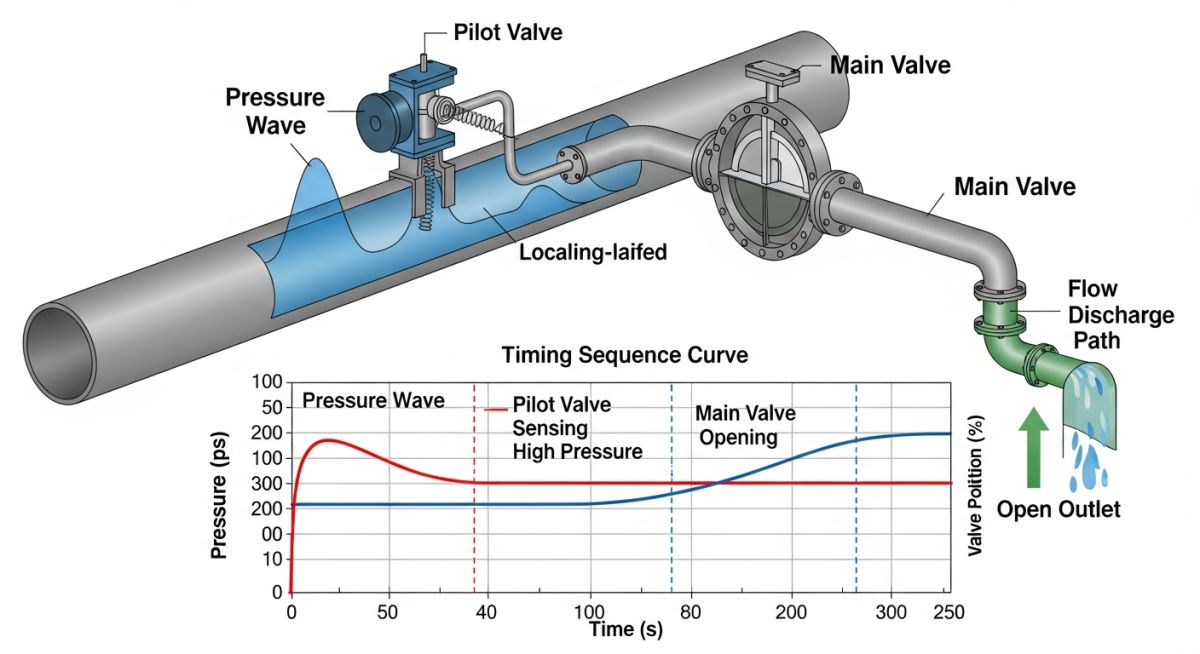Surge relief valve working principle and pressure transient control diagram