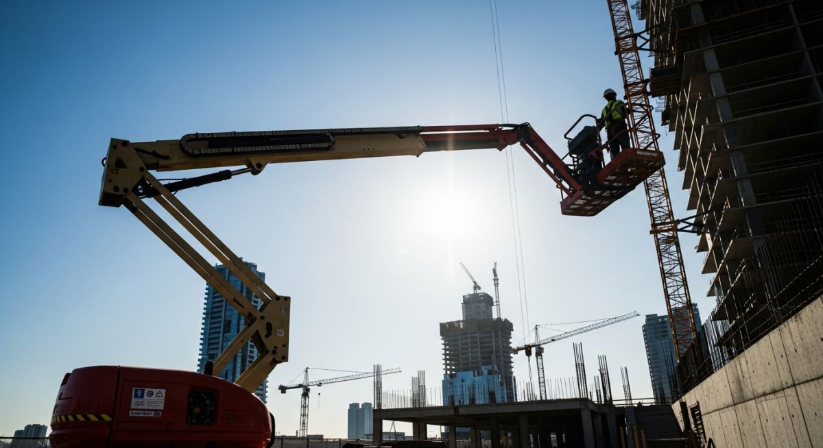 A telescopic boom lift extended high during construction work