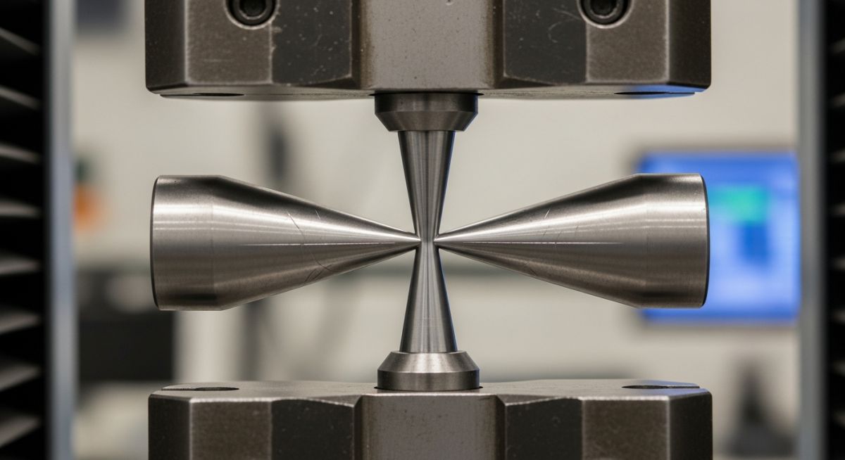 Steel specimen undergoing tensile testing to measure Young's modulus of elasticity.