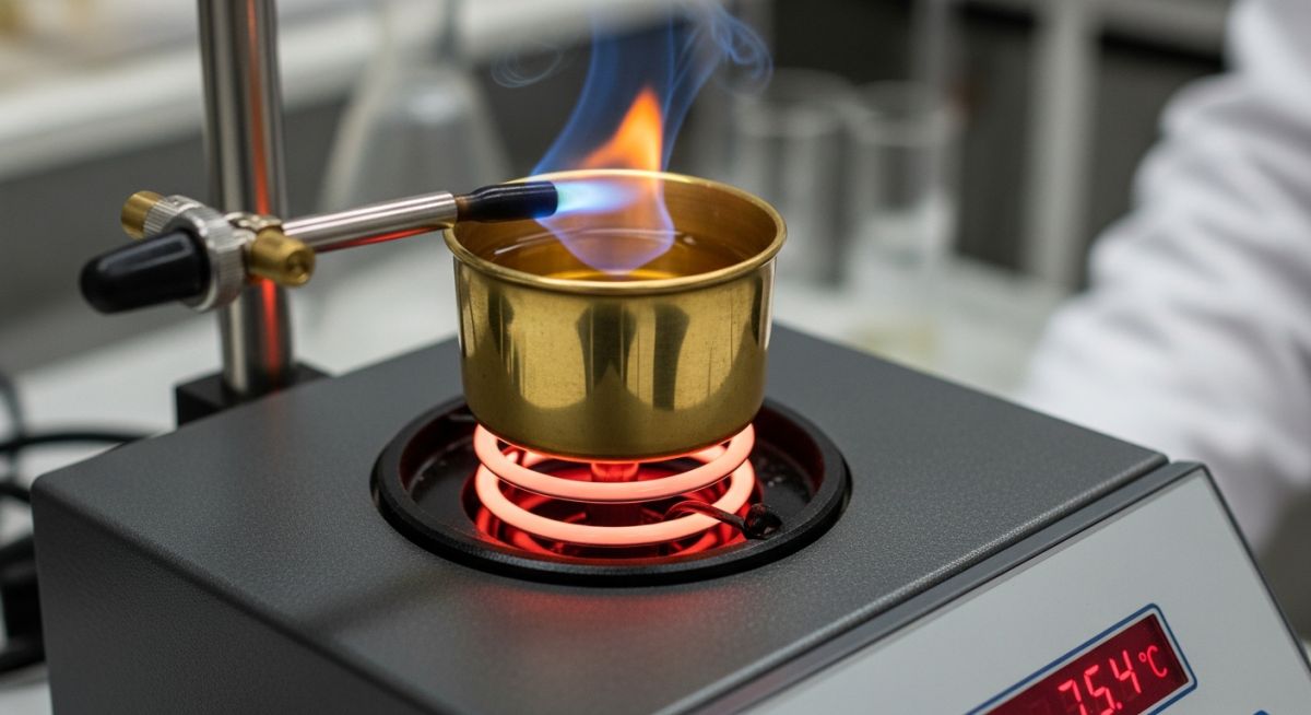 Laboratory apparatus testing the flash point and fire point of a fuel sample with a controlled test flame.