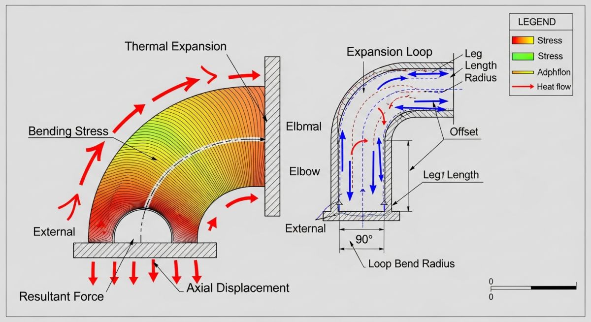 Thermal expansion piping stress diagram showing anchor points and guide spacing