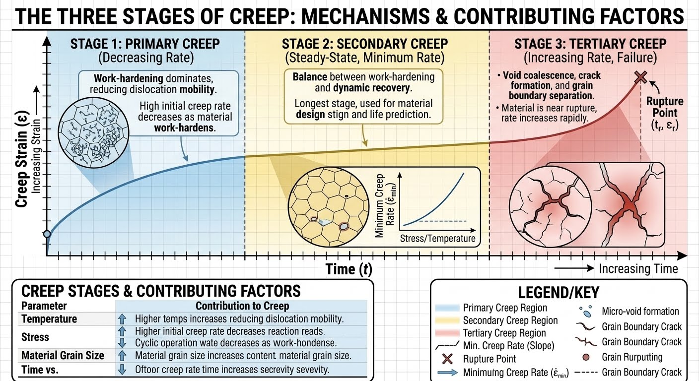 Three stages of creep curve diagram showing strain versus time