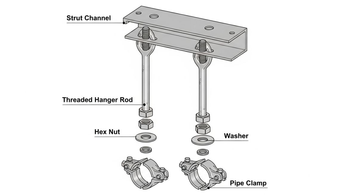 Technical engineering diagram of a trapeze hanger assembly with labeled components