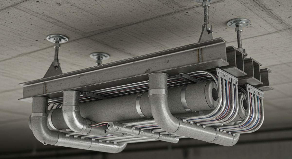 Heavy-duty steel trapeze hanger supporting multiple insulated pipes and conduits suspended from a ceiling.