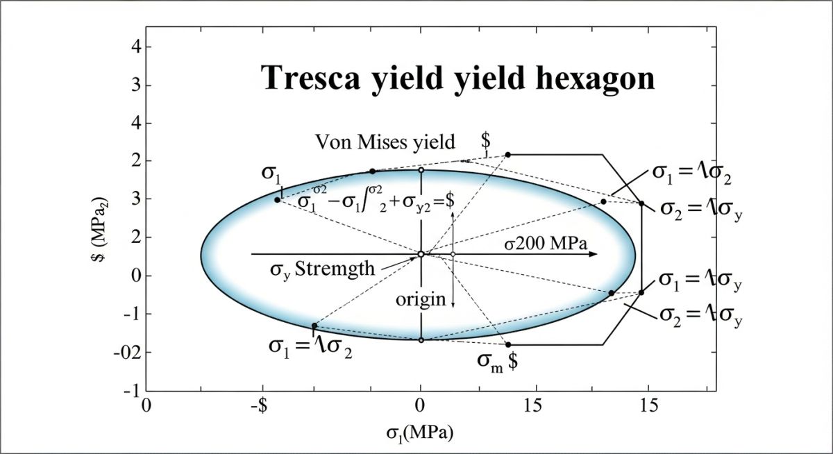 Yield surface comparison showing Tresca hexagon inscribed inside Von Mises ellipse
