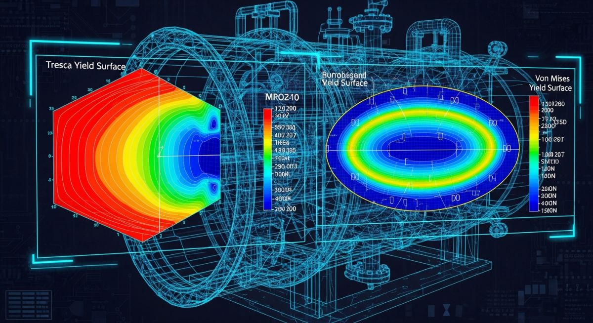 3D CAD model of a pressure vessel comparing Tresca and Von Mises yield surfaces with stress contour heat maps.