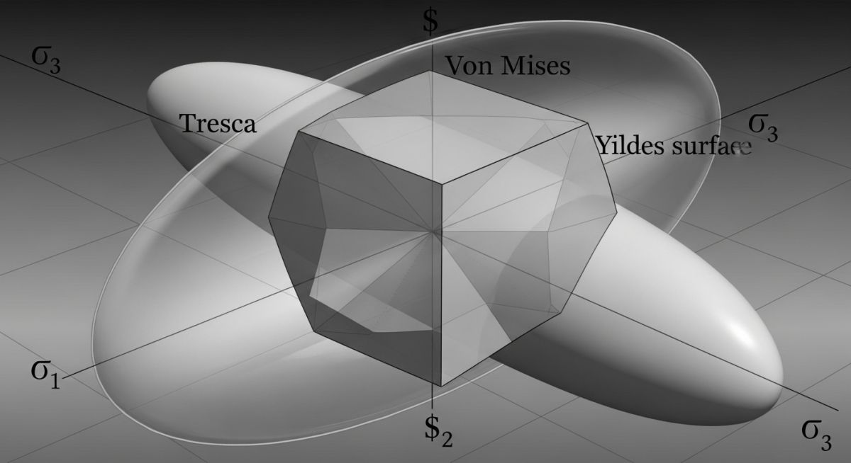 3D plot comparing Tresca yield surface hexagon and Von Mises yield surface ellipse