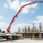 Truck-mounted boom concrete pump pouring concrete on a high-rise construction site.