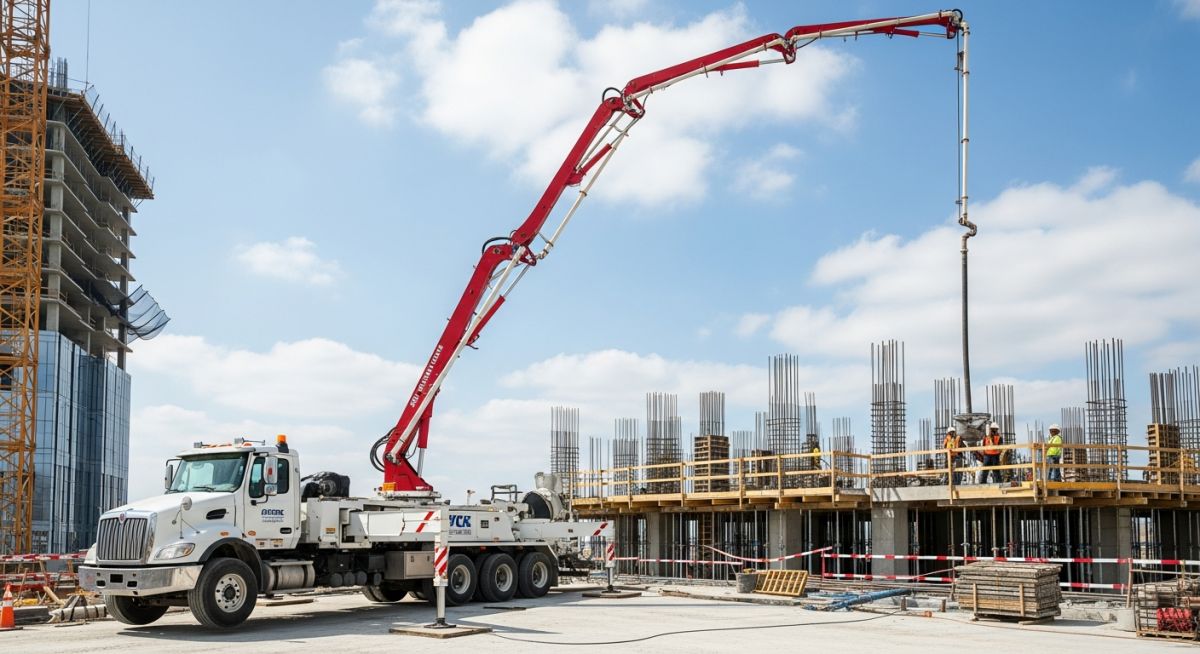 Truck-mounted boom concrete pump pouring concrete on a high-rise construction site.