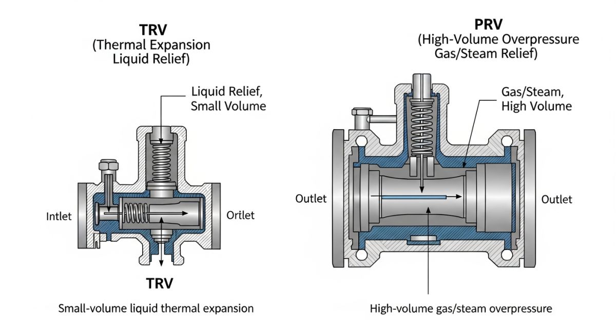 Comparison diagram showing TRV vs PRV design and flow differences