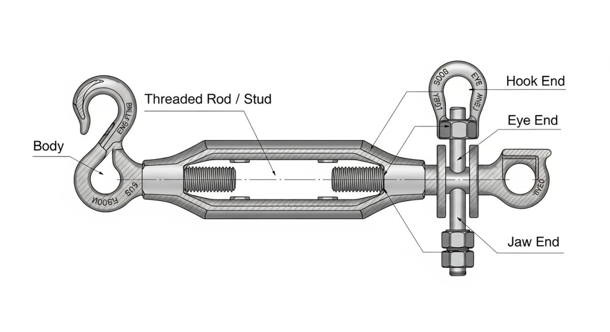 Turnbuckle components and end fitting types diagram showing jaw, eye, and hook configurations