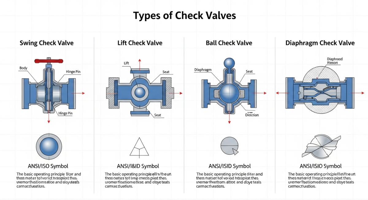 Engineering symbols and cross-sectional diagrams of swing, lift, ball, and dual-plate check valves
