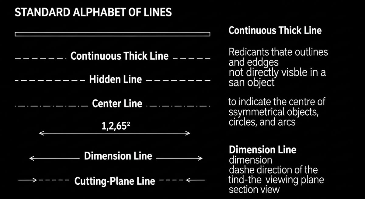 Types of lines in engineering drawing chart showing weights and patterns