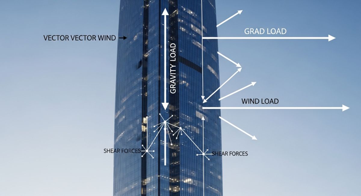 3D architectural render of a modern skyscraper showing vector arrows representing structural loads.