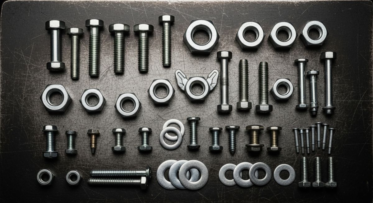 A collection of different mechanical fasteners including bolts, screws, nuts, and rivets arranged on a dark background.