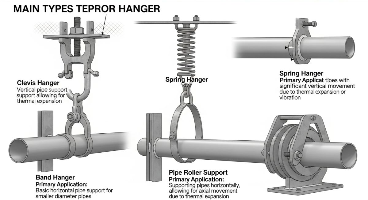 Comparison diagram of rigid, variable, and constant pipe hanger supports