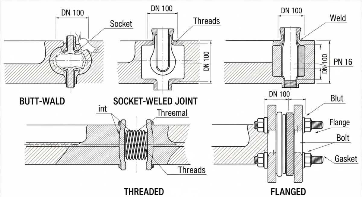 Comparison diagram of different types of pipe joints including welded, flanged, and threaded