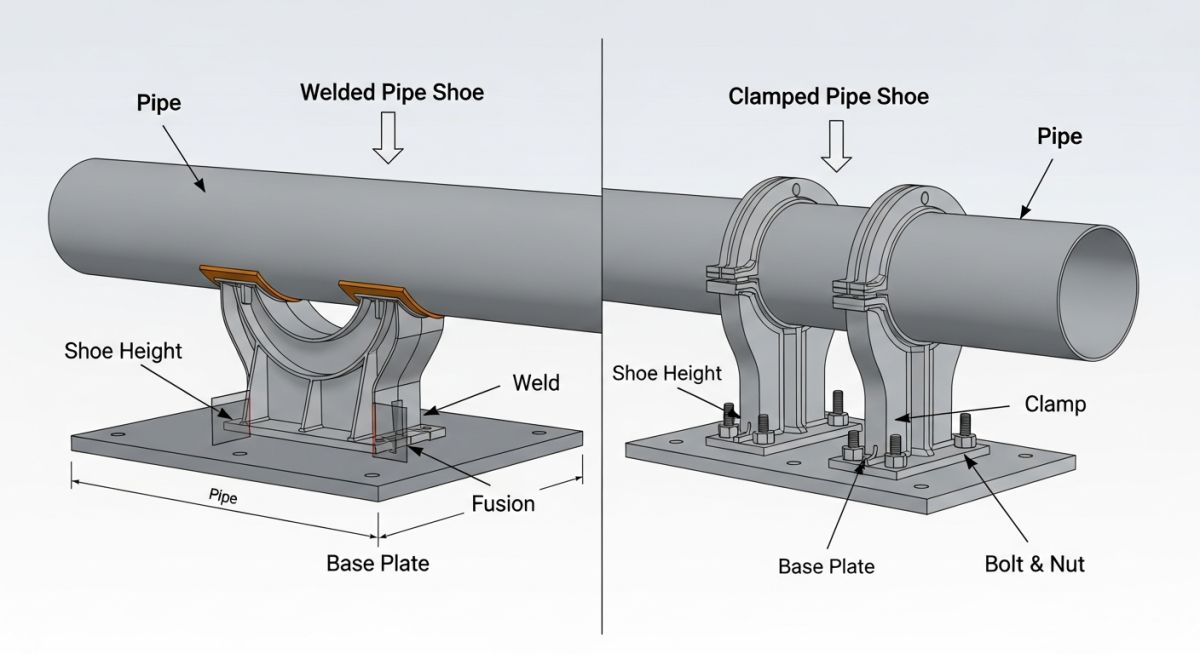 Engineering diagram showing different types of pipe shoes
