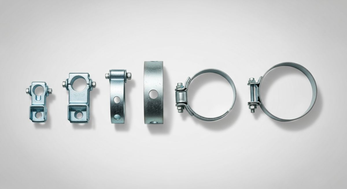 Technical comparison layout of one-hole, two-hole, and heavy-duty pipe straps