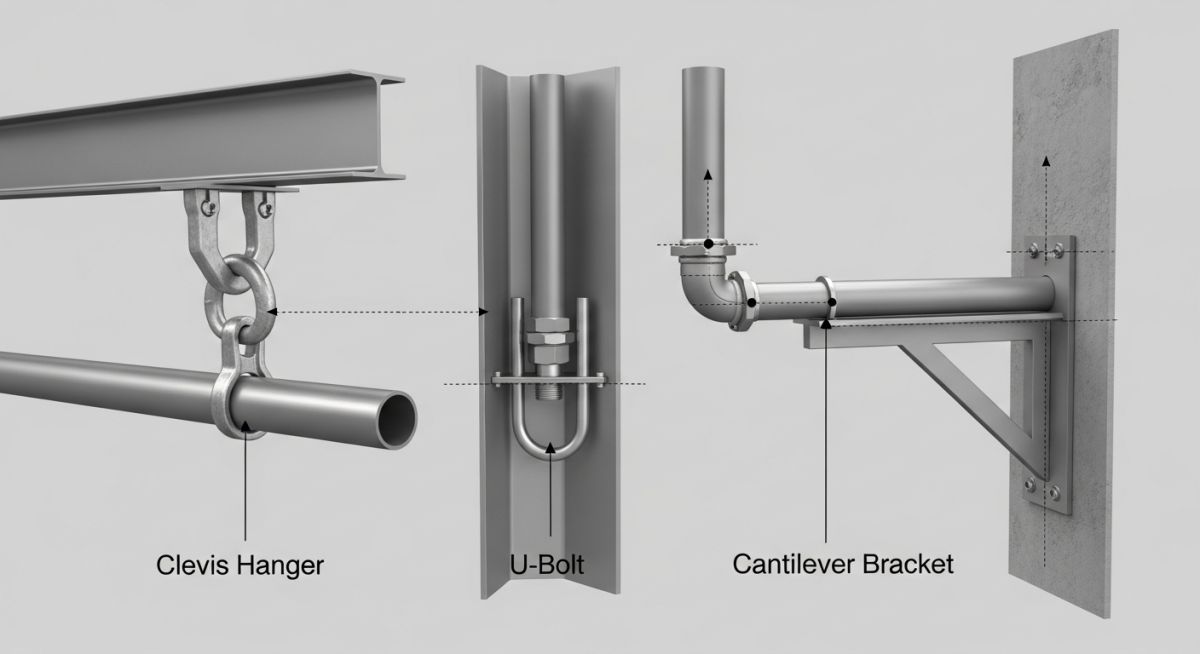 Technical diagram showing different types of pipe support brackets including cantilever, welded, and clamped configurations