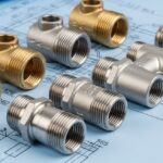 Close-up of various metal pipe fittings with different thread types on an engineering blueprint.