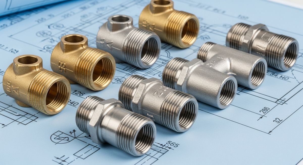 Close-up of various metal pipe fittings with different thread types on an engineering blueprint.