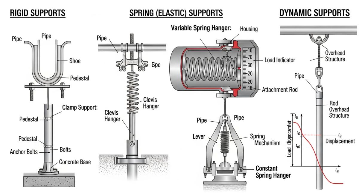 Technical diagram of piping support types including rigid, spring, and dynamic designs