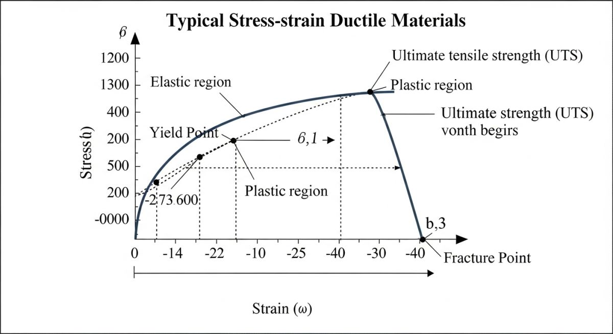 Detailed engineering diagram of a typical stress-strain curve with labeled mechanical properties.