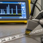 Technician performing ultrasonic testing on a metal weld joint