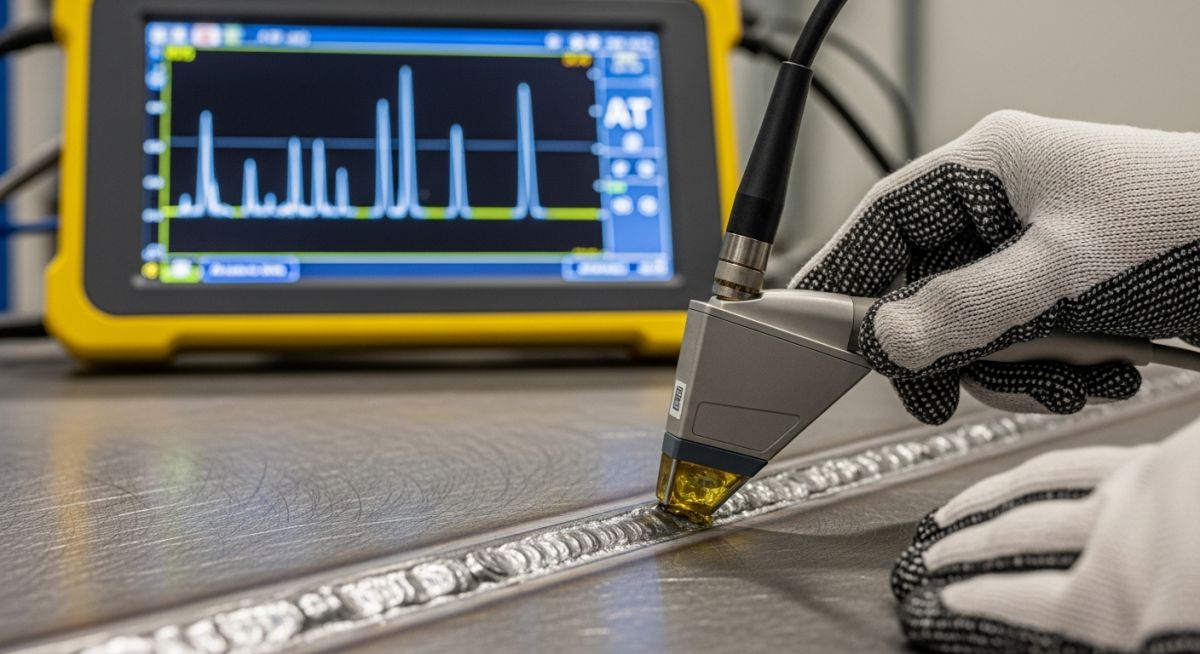 Technician performing ultrasonic testing on a metal weld joint