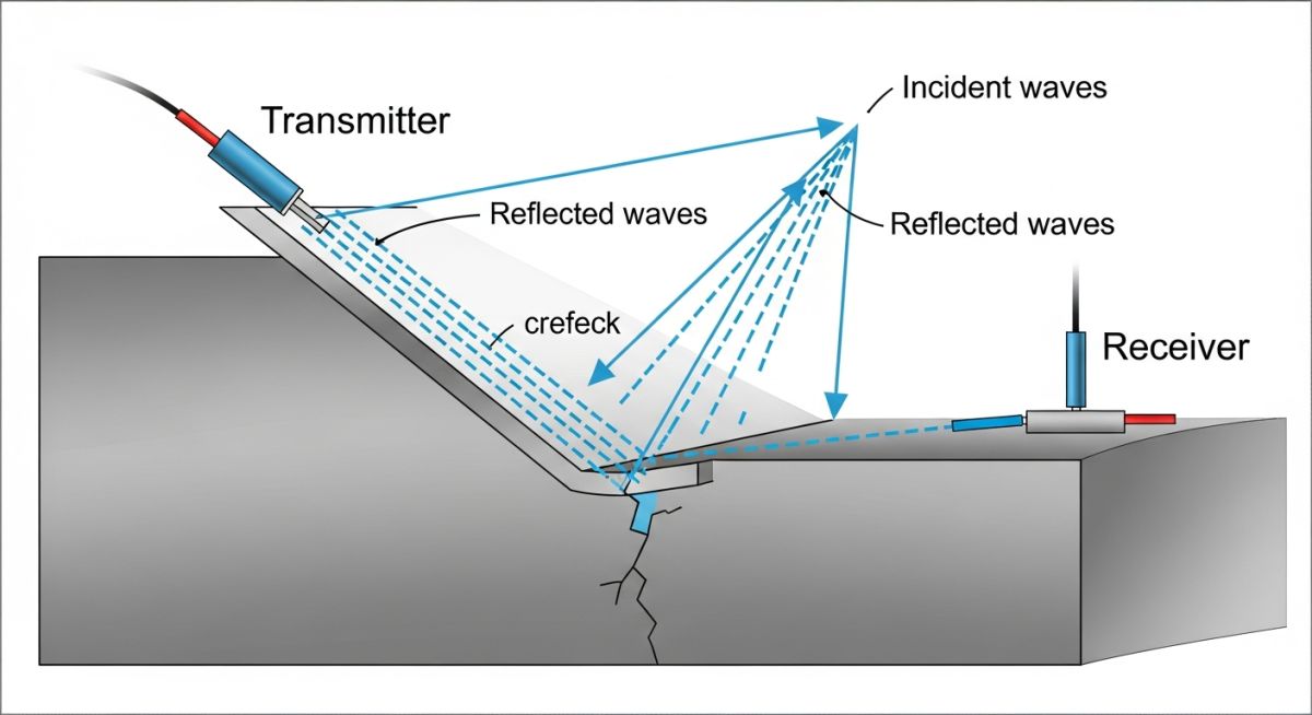 Ultrasonic testing working principle diagram showing transducer angle and wave reflection