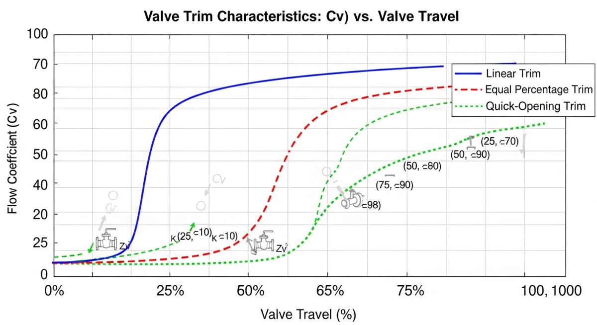 Valve trim flow characteristic curves showing linear, equal percentage, and quick opening profiles