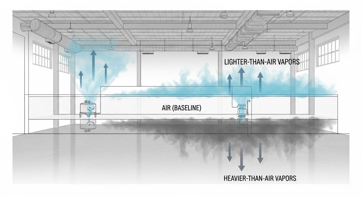 Diagram illustrating vapor density with rising light vapors and sinking heavy vapors relative to ambient air.