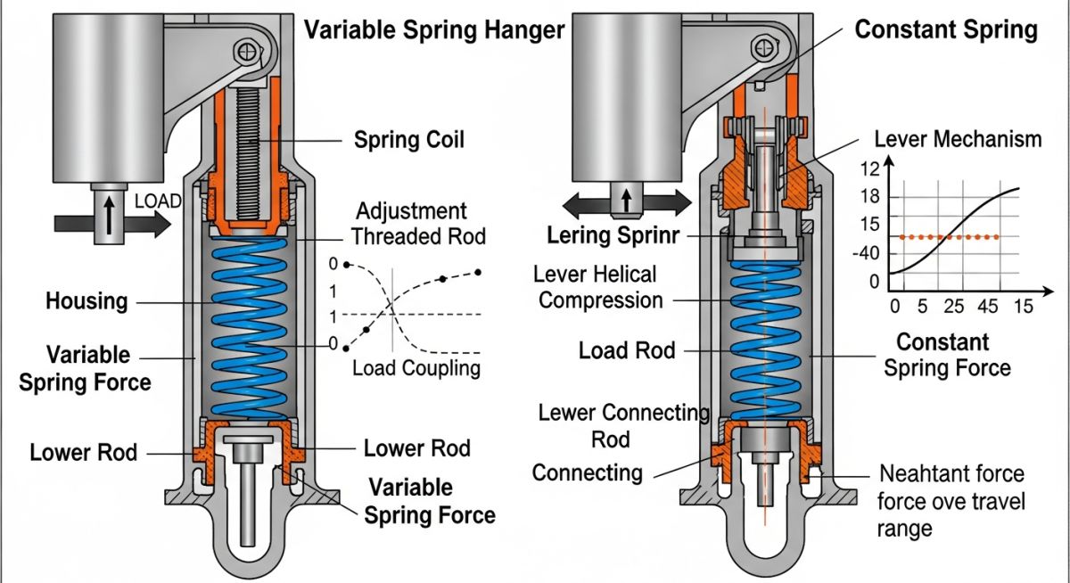 Comparison diagram of variable spring hanger versus constant spring hanger mechanics