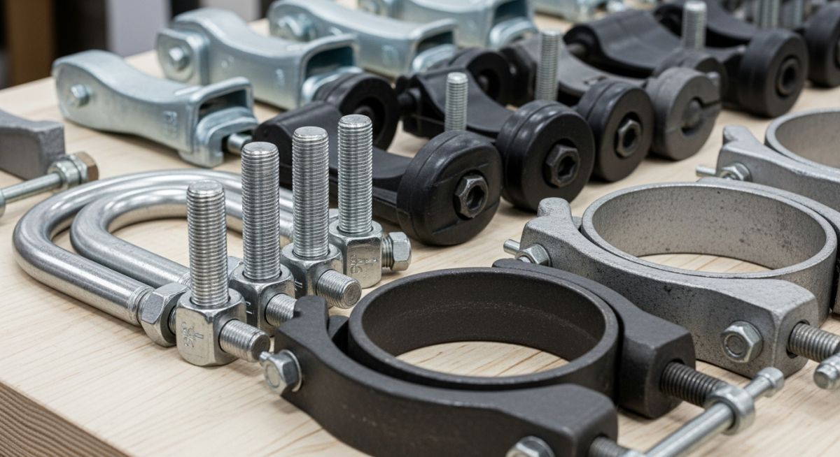A collection of different types of metal pipe clamps used in plumbing and industrial piping systems.