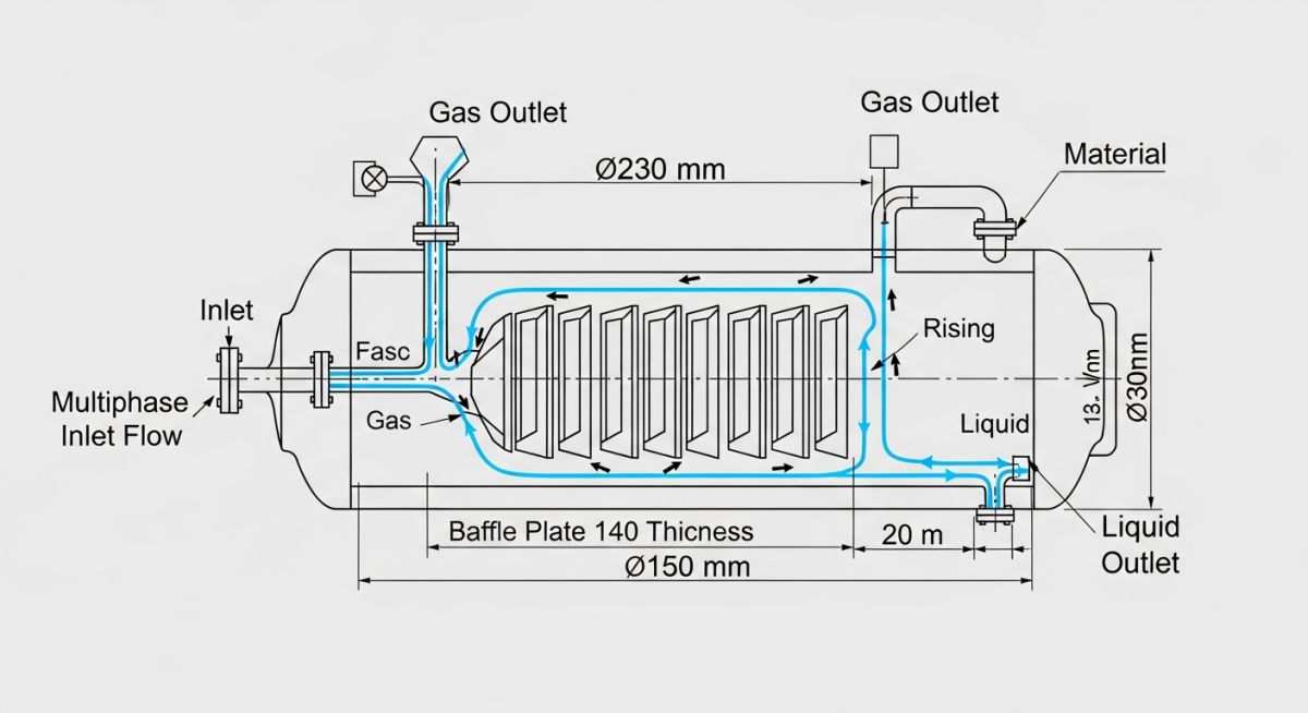 Vessel type slug catcher working schematic showing gas liquid separation
