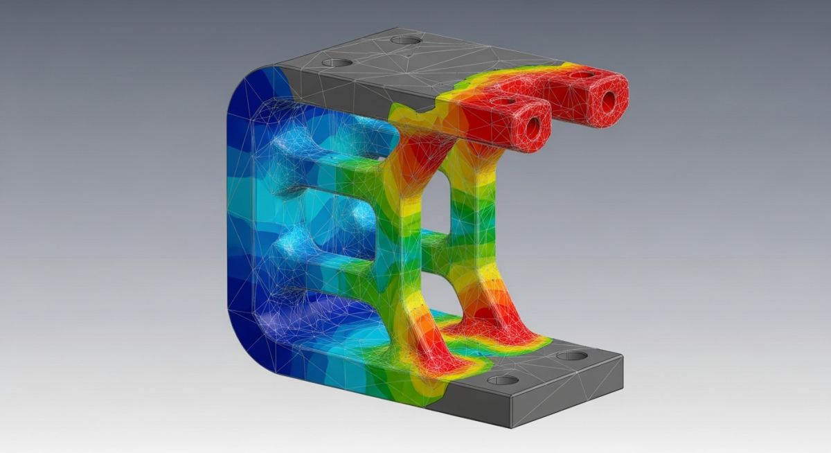 3D finite element analysis model of a metal bracket showing color-coded Von Mises stress distribution.