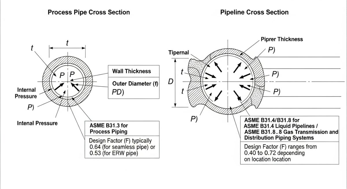 Wall thickness calculation diagram comparing ASME B31.3 and ASME B31.4/B31.8 formulas