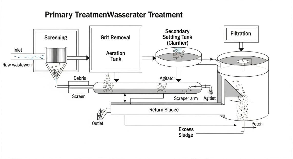Wastewater treatment process flow diagram showing preliminary, primary, secondary, and tertiary stages