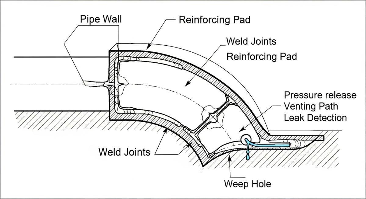 Weep hole cross section schematic showing reinforcing pad and run pipe