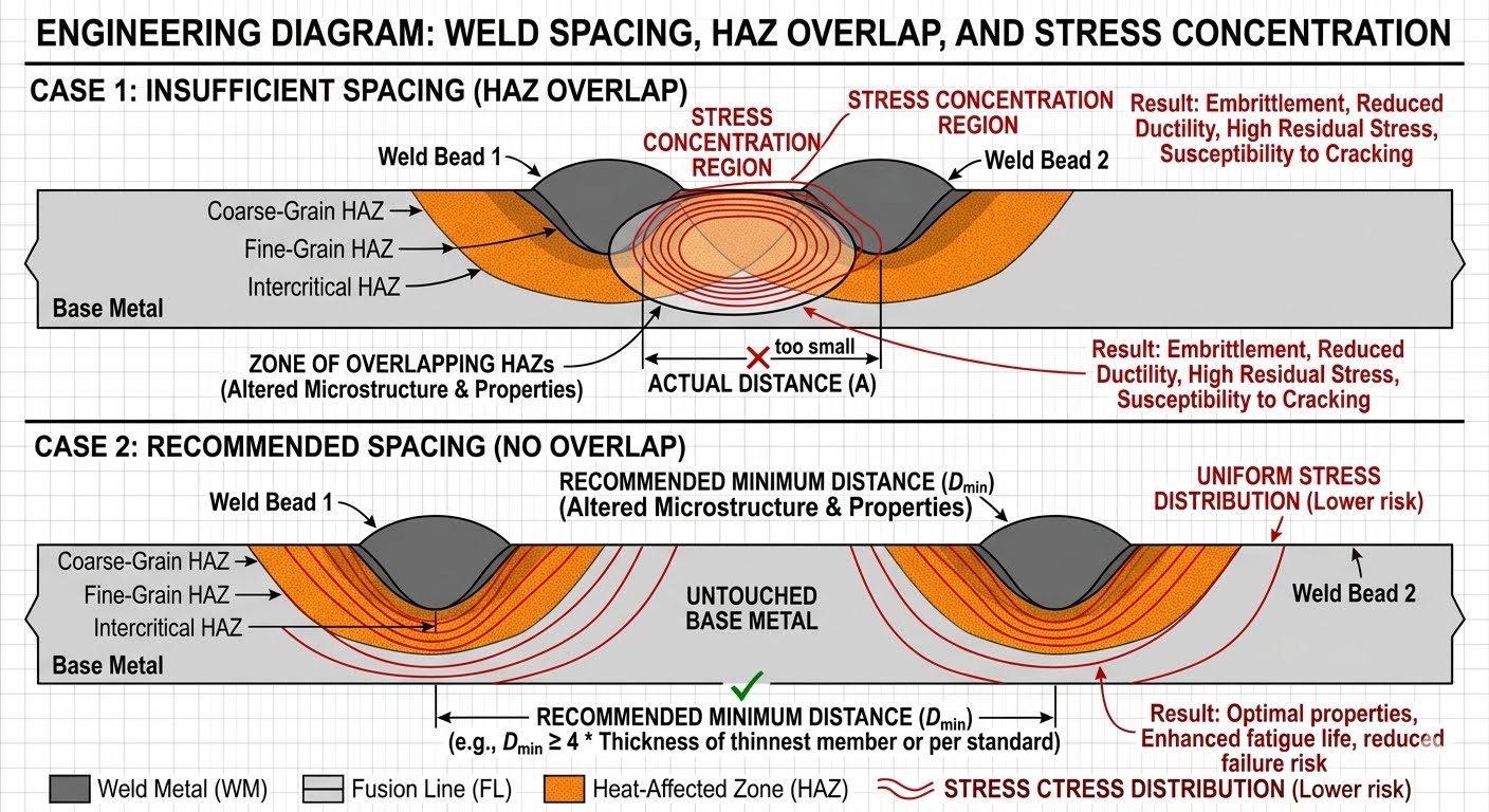 Technical diagram showing heat-affected zone overlap and residual stress curves